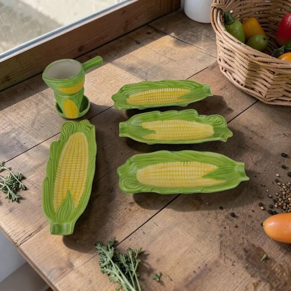 Ceramic Corn On The Cob Figural Plates (4) & Butter Warmer Serving Vintage
